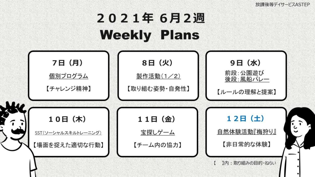 京都府乙訓郡向日市の放課後等デイサービスASTEP（アステップ）週間予定表